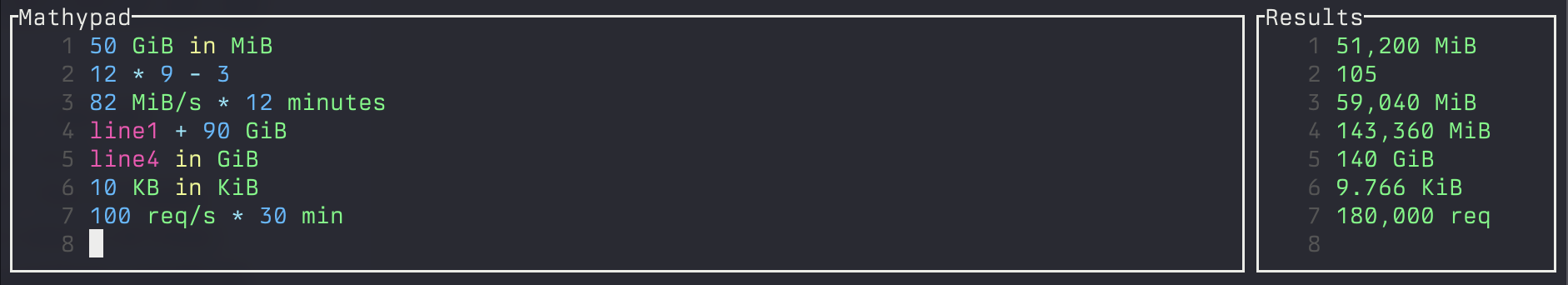 Mathypad terminal interface showing unit-aware calculations